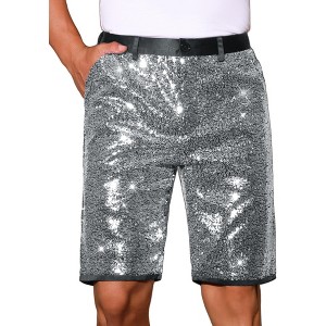 INSPIRE CHIC Men's Straight Leg Club Rave Party Metallic Sparkly Sequin Shorts - 1 of 4