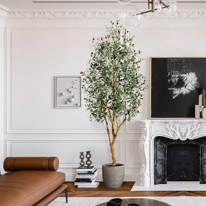 Orieon 7ft Artificial Olive Tree with Planter, Realistic Faux Indoor Olive Plant with Natural Wood Trunk for Home & Office Décor - 1 of 4