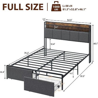 Jojoka Bed Frame with Headboard and 2 Storage Drawers,Upholstered Platform Bed Frame with Chargin Station and LED Lights