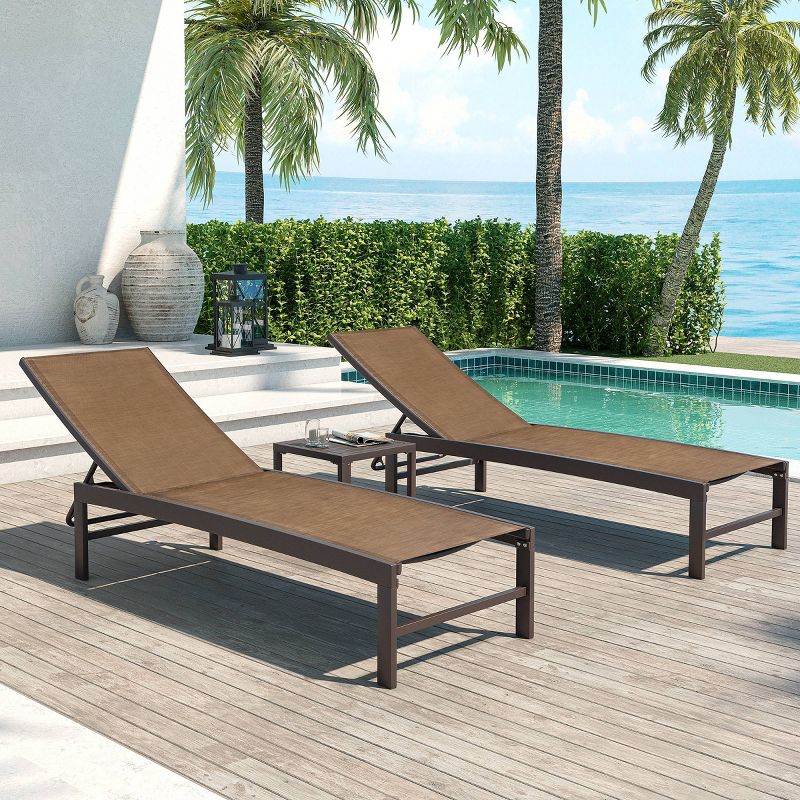3pc Outdoor Five Position Adjustable Curved Aluminum Lounge Set Brown - Crestlive Products, 4 of 13