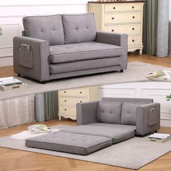 55" Pull Out Sleeper Sofa with 2 Storage Pockets, Linen Convertible Foldable Sofa Bed with 2 Back Cushions 4M - ModernLuxe