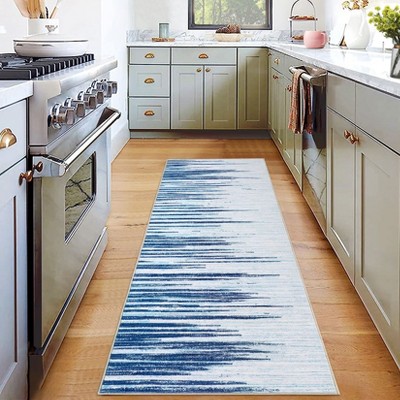 Washable Area Rugs Modern Striped Accent Rug Non Slip Geometric Floor Cover Stain Resistant Low Pile Indoor Carpet for Bedroom Living Room