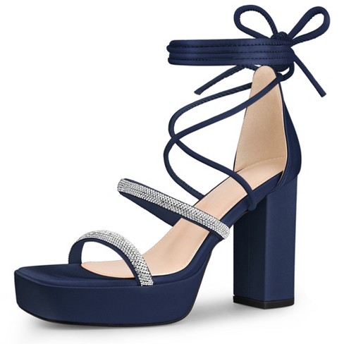 Perphy Women's Rhinestone Strap Lace Up Chunky High Heel Platform Sandals  Dark Blue 7 : Target