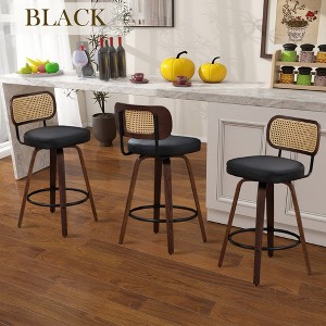 Hrinhom 16.9"W Mid-Century Modern  Swivel Bar Chairs Set of 3,Upholstered Bar Stools With Wood Legs and Rattan Back-Black - 1 of 4