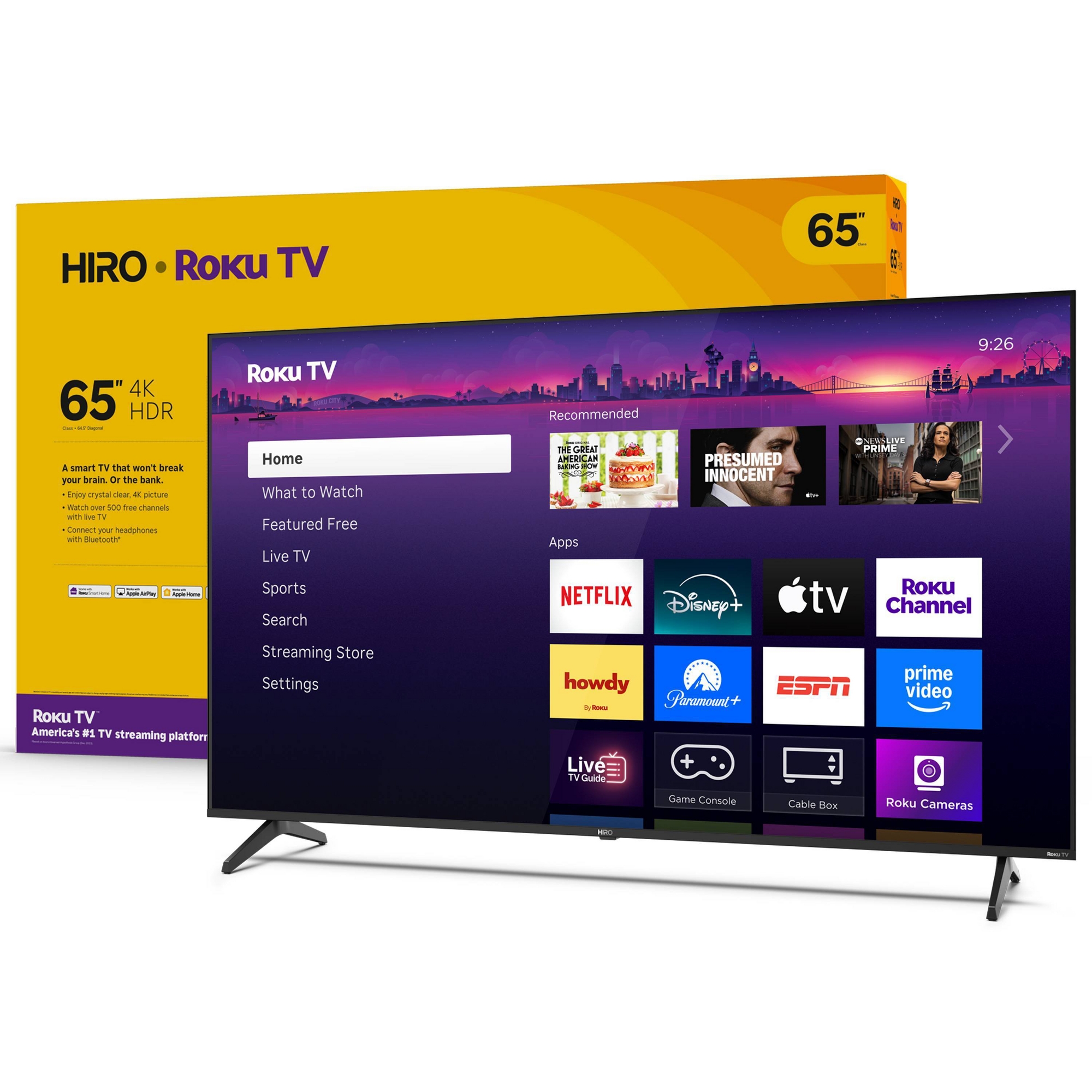 Hiro 65" 4K HDR Smart TV Flat Screen LED Television with Roku TV and Dolby Audio Streaming