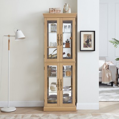 SKRAN 71" H Lighted Curio Cabinet Display Case, Wooden Cabinets with Adjustable Shelves and Tempered Glass Door for Living Room