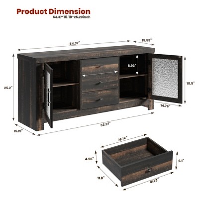 Garvee 54.4" Kitchen Buffet Sideboard Cabinet, Coffee Bar Table with 2 Glass Doors & 3 Drawers, Storage TV Stand, for Living Room, Dining Room,Dark Oak — фото 3