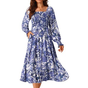 Seta T Women's Floral Long Sleeve Square Neck Smocked Ruffle Hem Flowy Midi Dress with Pockets - 1 of 4
