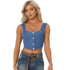Allegra K Women's Button Down Sleeveless Bustier Jean Crop Tank Denim Top - 1 of 4