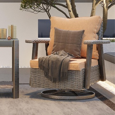 COWLOWN Coffee 360 Swivel Wicker Patio Chair, Outdoor Rocker Lounge Chair with Comfortable Cushion, All-Weather Frame for Garden, Deck, Poolside