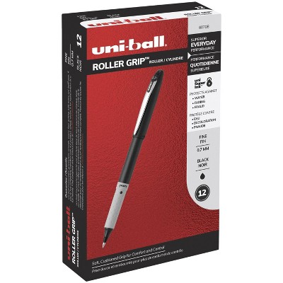 uni-ball Roller Ball Grip Stick Pens, 0.7 mm Fine Tip, Black Ink, pk of 12