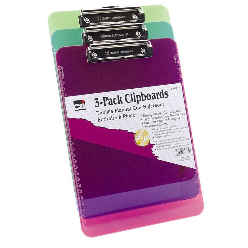 Charles Leonard Plastic Clipboard w/Low Profile Clip, Letter, Assorted Translucent Neon Colors, Pack of 3, 1 of 4