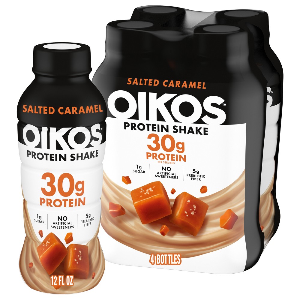 OIKOS Salted Caramel Non-Caffeinated Casein Protein Shakes - 4pk/12 fl oz - Bottle: Kosher, Ready to Drink, No Artificial Sweeteners