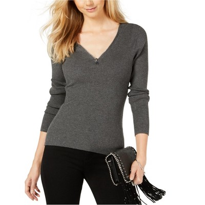 I.N.C International Concepts Womens Zipper V Pullover Sweater, Grey, Large
