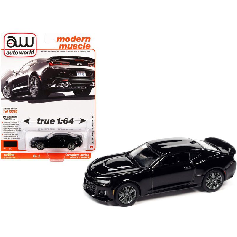 2019 Chevrolet Camaro ZL1 Gloss Black "Modern Muscle" Limited Edition to 15390 pieces 1/64 Diecast Model Car by Auto World, 1 of 4