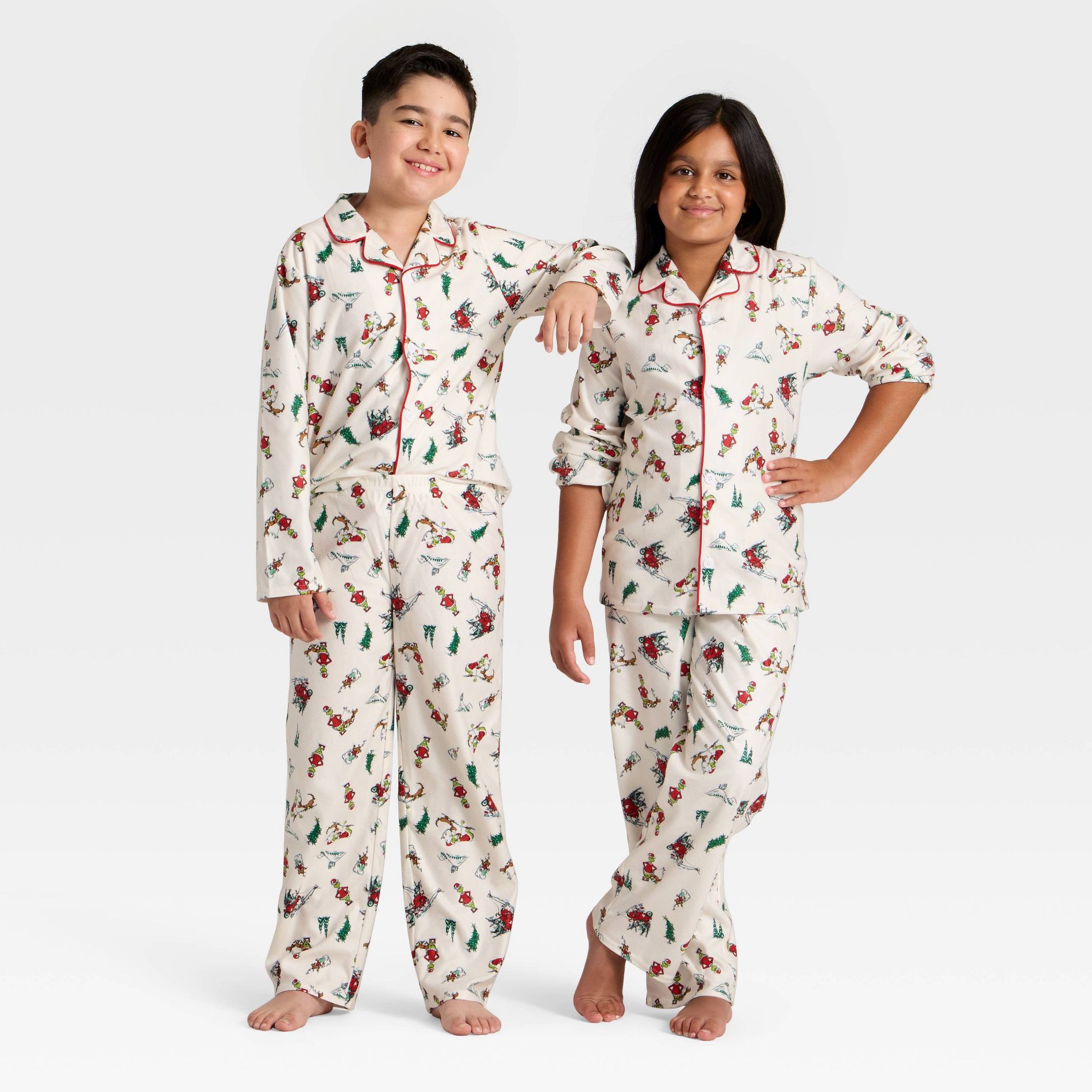 Kids' The Grinch Long Sleeve Shirt and Pants Holiday Matching Family Sleep Pajama Set - Cream