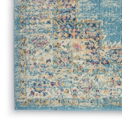 Light Blue Floral Synthetic Runner Rug with Latex Backing
