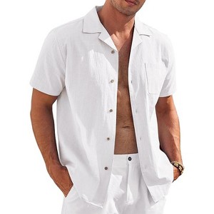 COOFANDY Mens Casual Cotton Linen Shirt Short Sleeve Button Up Shirts Summer Beach Top - 1 of 4
