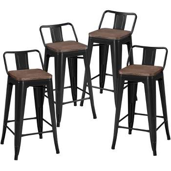 Yaheetech 26" Low Back Metal Counter Height Bar Stools with Wood Seat & Footrest, Set of 4