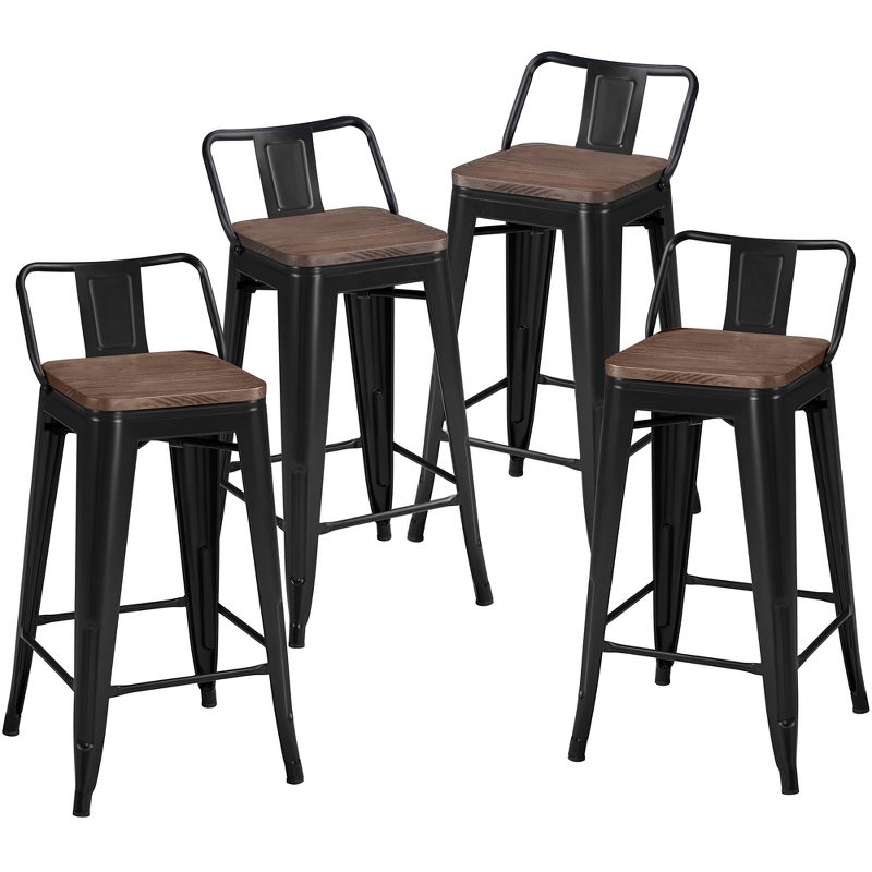 Yaheetech 26" Low Back Metal Counter Height Bar Stools with Wood Seat & Footrest, Set of 4, 1 of 9