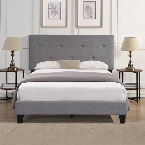 Full Size Upholstered Platform Bed With Button Tufted Linen Headboard, Wood Slat Support Bed Frame For Bedroom Guest Room, No Box Spring Needed - image 1 of 4