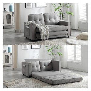 3-Seater Velvet Linen Convertible Sofa with Pull-Out Bed and Side Storage - 1 of 4