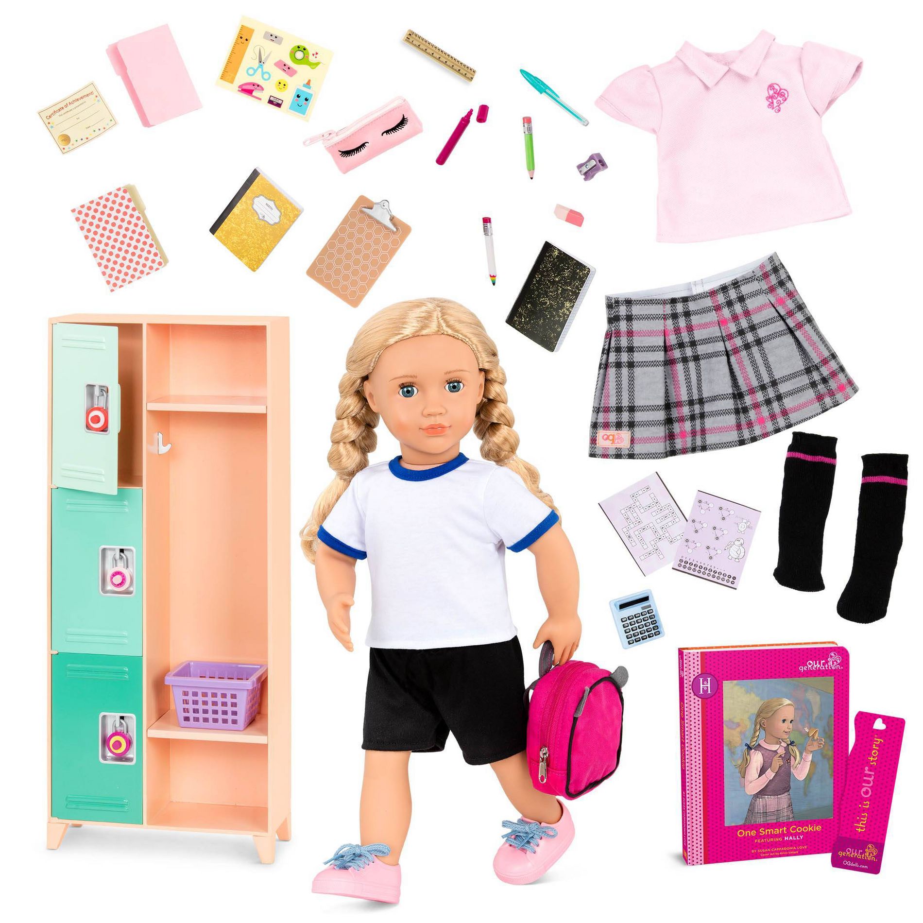 Our Generation Hally & Classroom Cool Locker Accessory Set 18" Doll School Bundle: Articulated Blonde Doll with Blue Eyes
