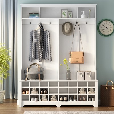 60''W Hall Tree Coat Rack Mudroom Bench Entryway Shoe Cabinet with Hooks, Seating Bench and 24 Shoe Cubbies, Black/White-ModernLuxe