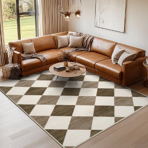 LOVEVOOK Checkered Area Rugs, Washable Area Rug for Living Room Bedroom, Modern Indoor Carpet, Beige Geometric Diamond Carpet - 1 of 4
