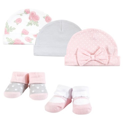 Hudson Baby Infant Girl Cap and Socks Set, Pink Rose, 0-9 Months