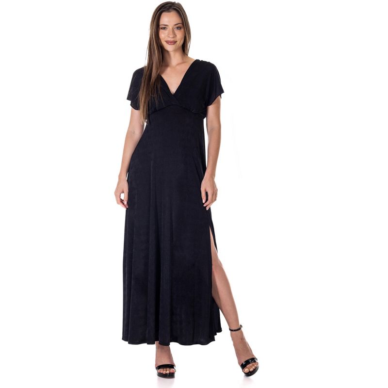 24seven Comfort Apparel Womens Flutter Sleeve Metallic Knit Maxi Dress Front Slit Empire Waist, 1 of 9