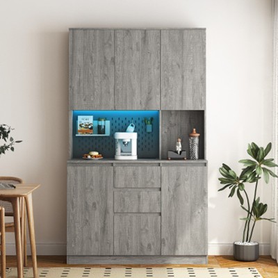 74" Kitchen Pantry Cabinet, Freestanding Buffet Cupboards Sideboard with Drawer, LED Lights, Microwave Stand for Kitchen Dinning Room Living Room