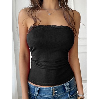 Womens Crop Tube Top Off Shoulder Sleeveless Ribbed Lace Trim Bustier