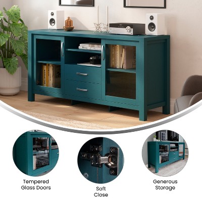 Teal Engineered Wood Buffet Sideboard with Glass Doors and Drawers