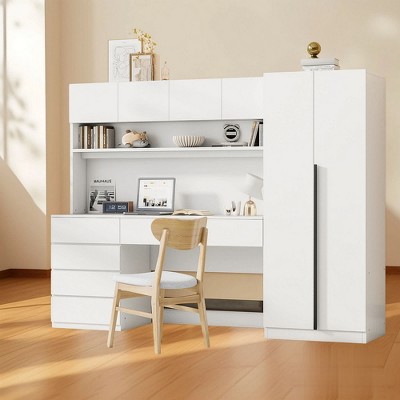 2 Door Wooden Storage Wardrobe with Desk, Armoire with Shelves and 6 Drawers for Bedroom - ModernLuxe