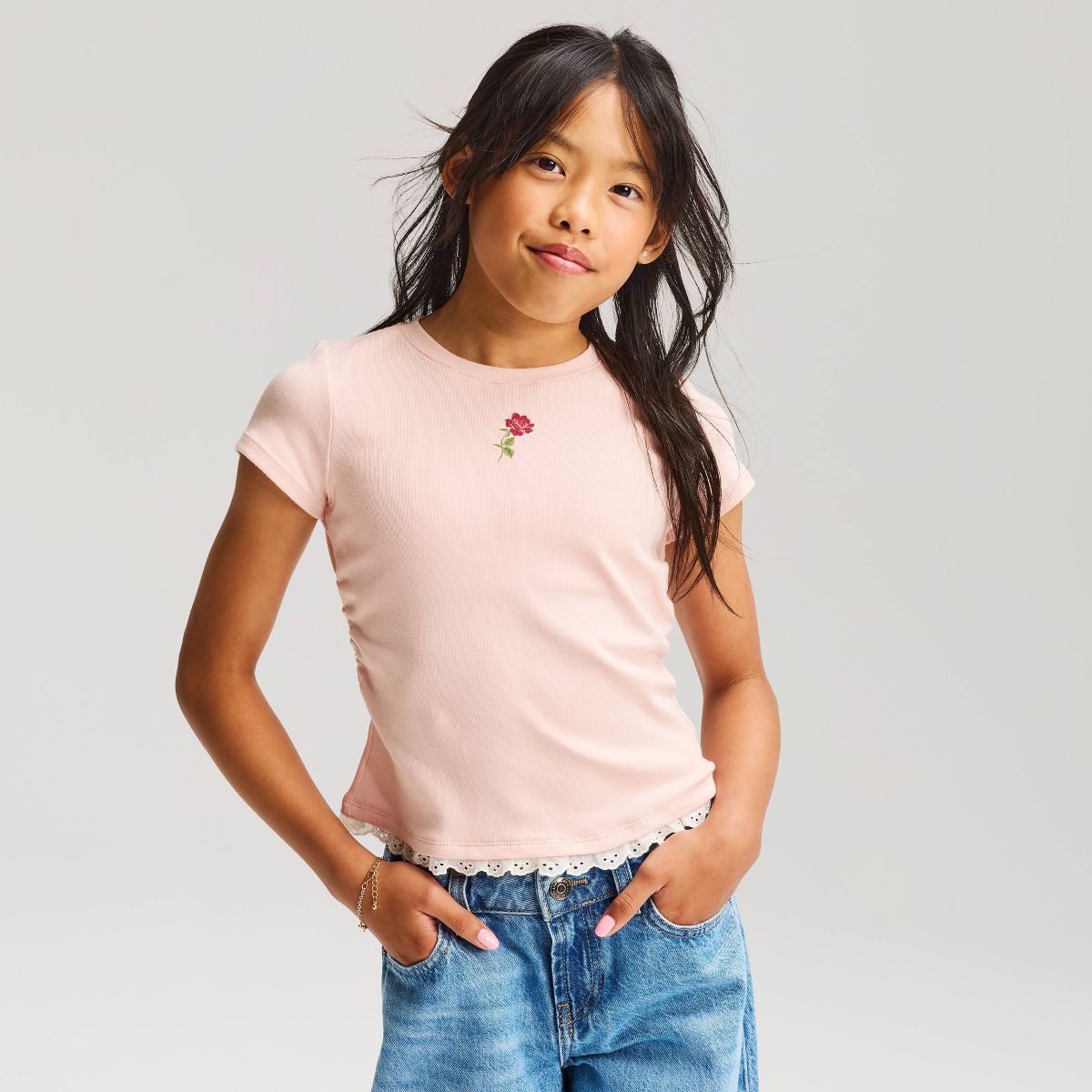 Girls' Short Sleeve Ruched Lace Trim T-Shirt - Cat & Jack™