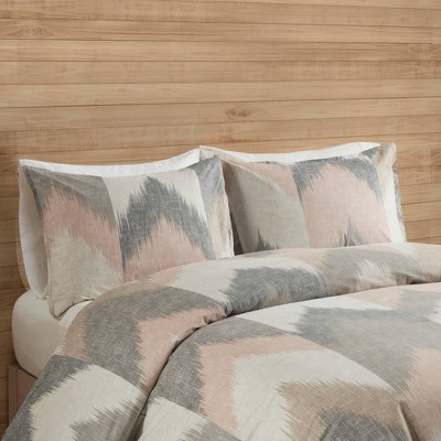 Full/Queen Blush and Gray Cotton Ikat Sham Set