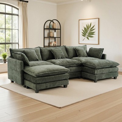 EHMKNP 3-Seat U-Shaped Modern Cloud Couch - Chenille Modular Sectional with Deep Seat, 2 Ottoman & 4 Pillows for Home/Apartment Spaces