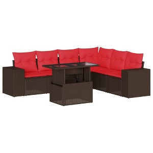 vidaXL 7 Piece Patio Sofa Set with Cushions Brown Poly Rattan - 1 of 4