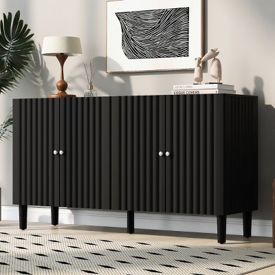 Elegant Wooden Sideboard Cabinet,Four-Door Storage Cabinet with Wavy Pattern Doors,Cylindrical Legs and Metal Handles,Adjustable Shelf-Cuddlewood