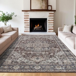 Area Rugs Vintage Printed - Ultra-Soft Distressed Throw Rug, Stain-Resistant Traditional Floor Mat, Machine Washable Thin Indoor Carpet - 1 of 4