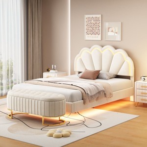 Queen Bed Frame And Headboard,Bed Floating With Led Lights,Velvet Fabric Bed,Elegant Floral Headboard-Cuddlewood - 1 of 4