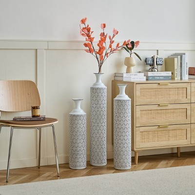FURNIinspire Decorative Vases 24/28.7/33.5 Inch Metal Flower Vase Set Of 3 Gorgeous Home Decoration Large Glazed Vase, White, 6.29"*6.29"*33.85"