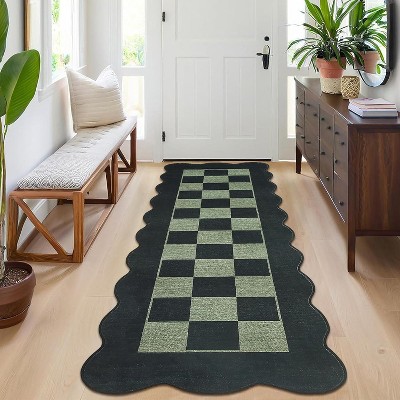 Washable Kitchen Rug, Non-Slip Low Pile Scalloped Checkerboard Farmhouse Entryway Mat, Soft Neutral Area Rug