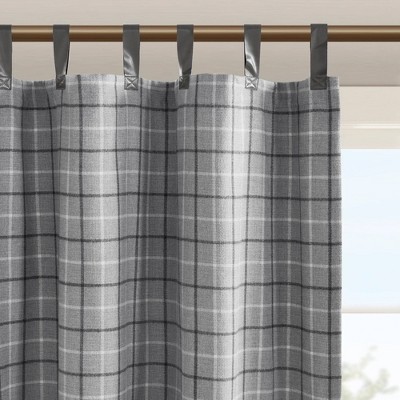 Gray Plaid Faux Leather Tab Top Insulated Drapes