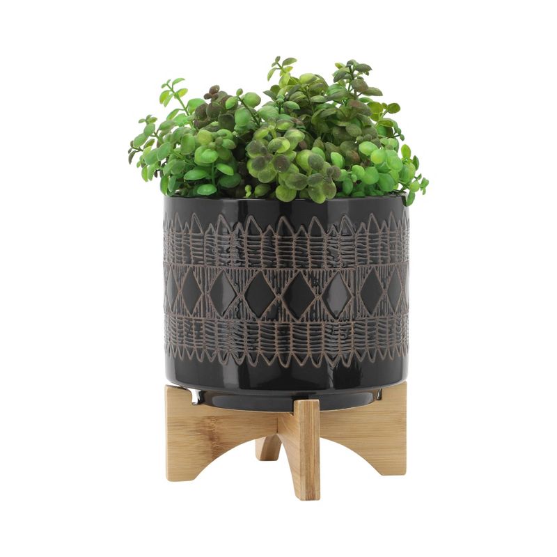 Sagebrook Home 8&#34; Wide 2pc Ceramic Aztec Planters on Wooden Stand Black, 4 of 11