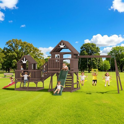 AMERLIFE Wooden Outdoor Swing Set with Playhouse, Slides, Swings, Climbing Wall & Ladder, Multi-Activity Backyard Playground for Kids Ages 3–8