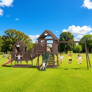 AMERLIFE Wooden Outdoor Swing Set with Playhouse, Slides, Swings, Climbing Wall & Ladder, Multi-Activity Backyard Playground for Kids Ages 3–8 - 1 of 4