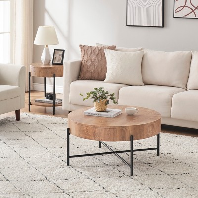 Wood Round Coffee Table with Drawers Circle Living Room Table