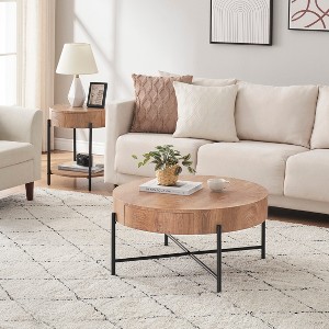 Wood Round Coffee Table with Drawers Circle Living Room Table - 1 of 4